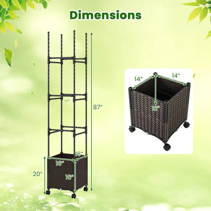 87 Inch Tall Raised Garden Bed with Plant Box Trellis and Lockable Wheels Adjustable Height - Plant Supports