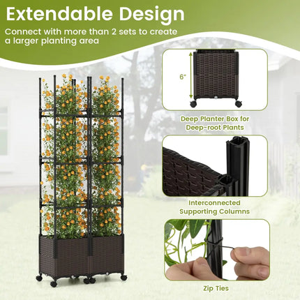 87 Inch Tall Raised Garden Bed with Plant Box Trellis and Lockable Wheels Adjustable Height - Plant Supports
