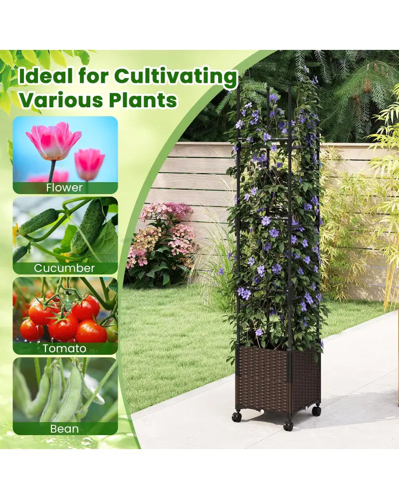 87 Inch Tall Raised Garden Bed with Plant Box Trellis and Lockable Wheels Adjustable Height - Plant Supports