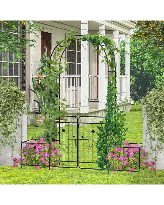 87 Inches Garden Arbor with Lockable Gate Side Planters-Black - Black - Garden Arbors