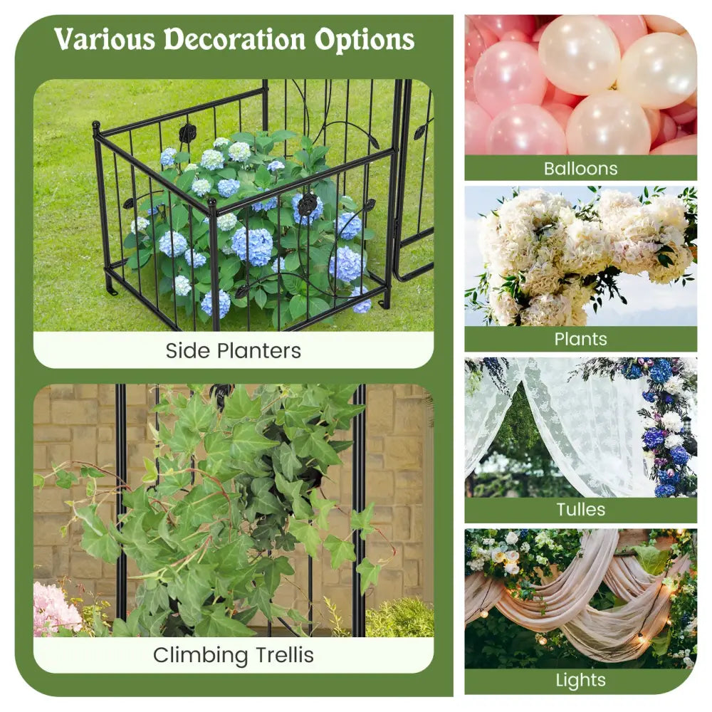 87 Inches Garden Arbor with Lockable Gate Side Planters-Black - Black - Outdoor Decor