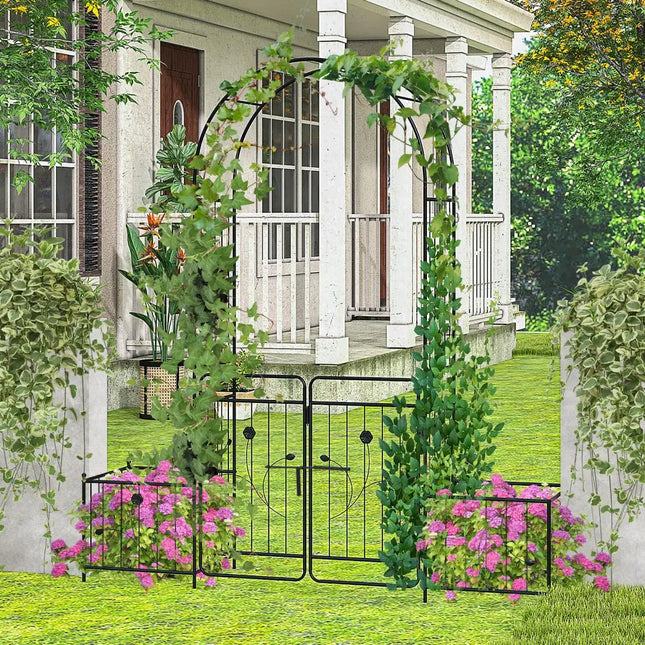 87 Inches Garden Arbor with Lockable Gate Side Planters-Black - Black - Outdoor Decor