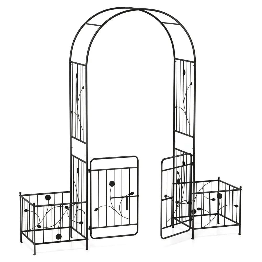 87 Inches Garden Arbor with Lockable Gate Side Planters-Black - Black - Outdoor Decor