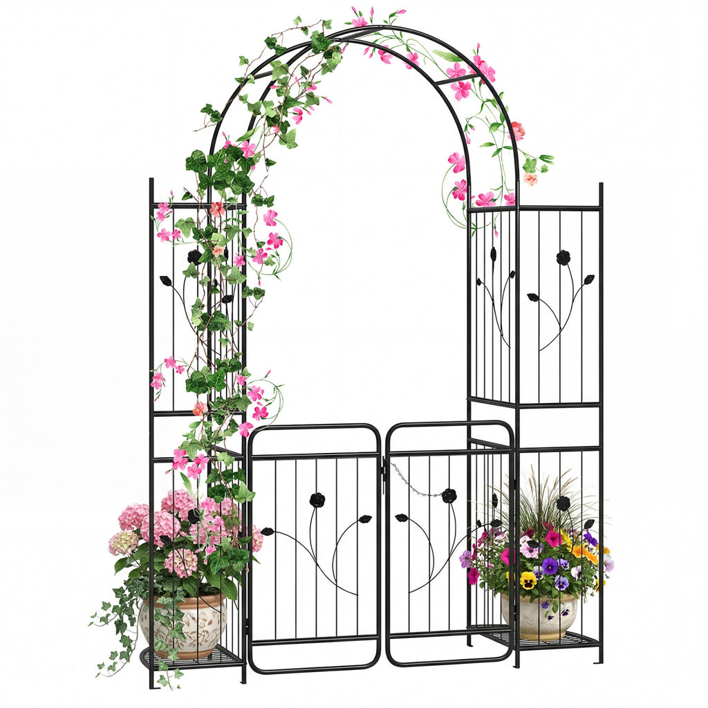 Arche de jardin de 87 pouces de haut avec portillon, jardinières et treillis d'escalade