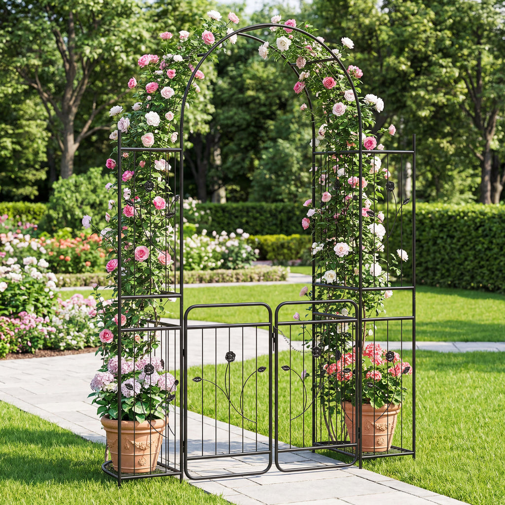 Arche de jardin de 87 pouces de haut avec portillon, jardinières et treillis d'escalade