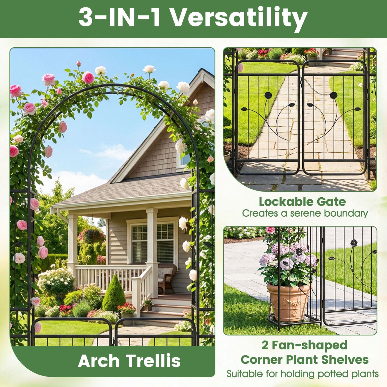 Arche de jardin de 87 pouces de haut avec portillon, jardinières et treillis d'escalade