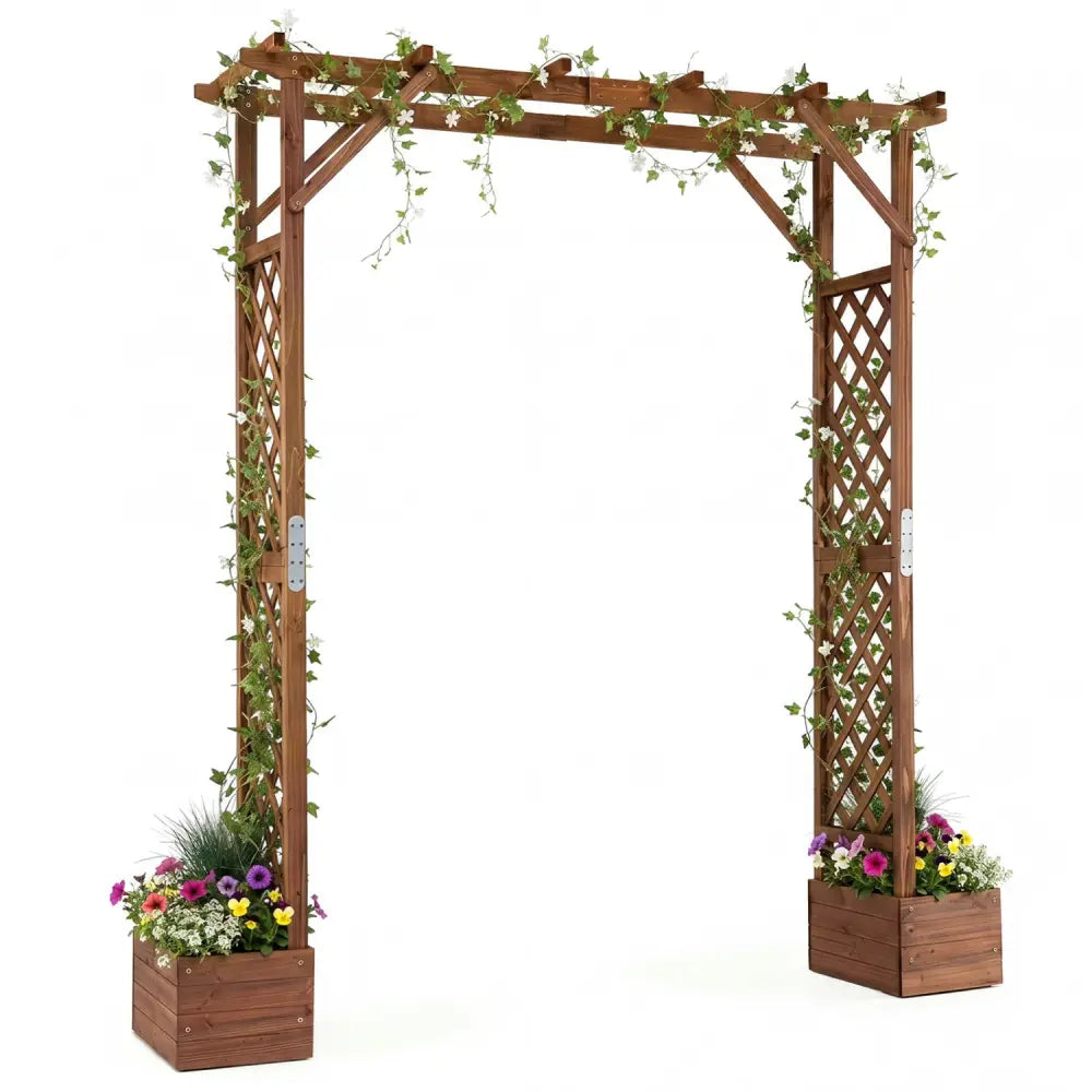 87in Tall Wooden Garden Arbor with Planter Boxes and Hanging Roof for Climbing Plants-Orange - Orange - Garden Arbors