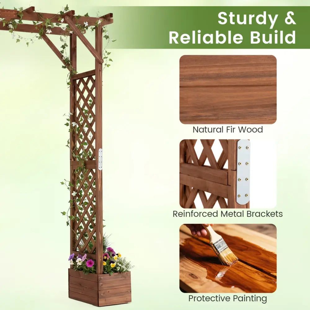 87in Tall Wooden Garden Arbor with Planter Boxes and Hanging Roof for Climbing Plants-Orange - Orange - Garden Arbors