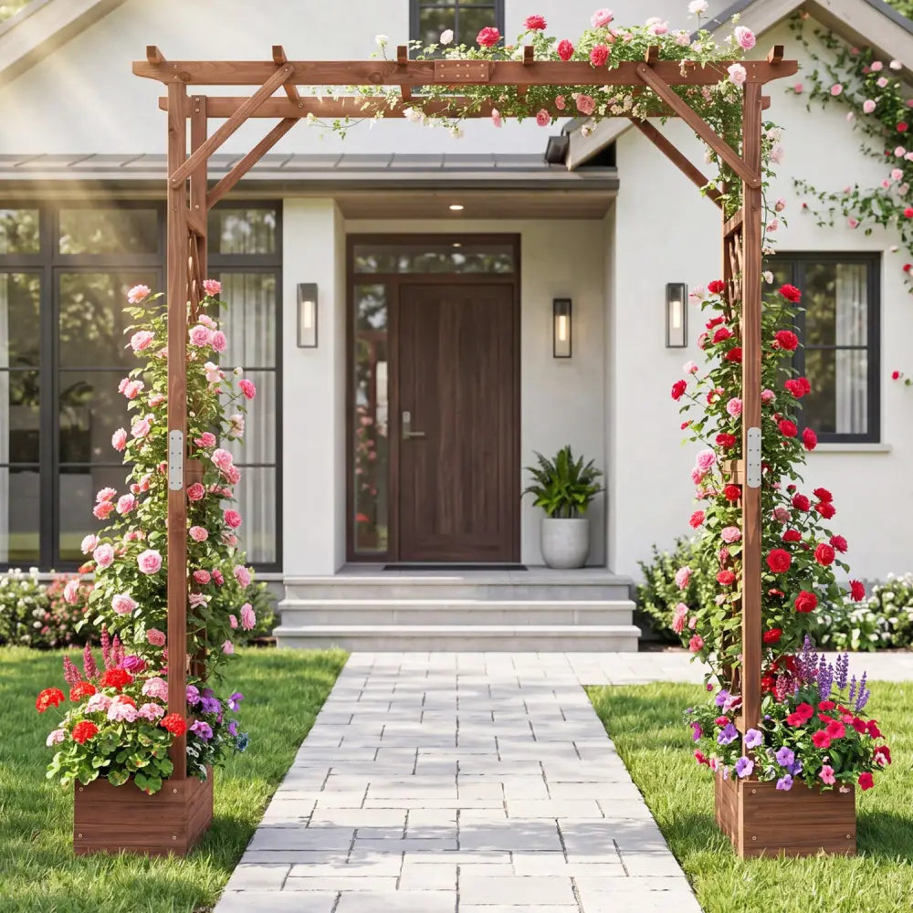 87in Tall Wooden Garden Arbor with Planter Boxes and Hanging Roof for Climbing Plants-Orange - Orange - Garden Arbors