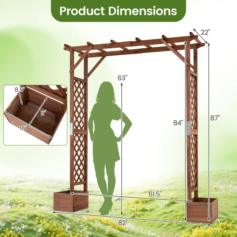 87in Tall Wooden Garden Arbor with Planter Boxes and Hanging Roof for Climbing Plants-Orange - Orange - Garden Arbors