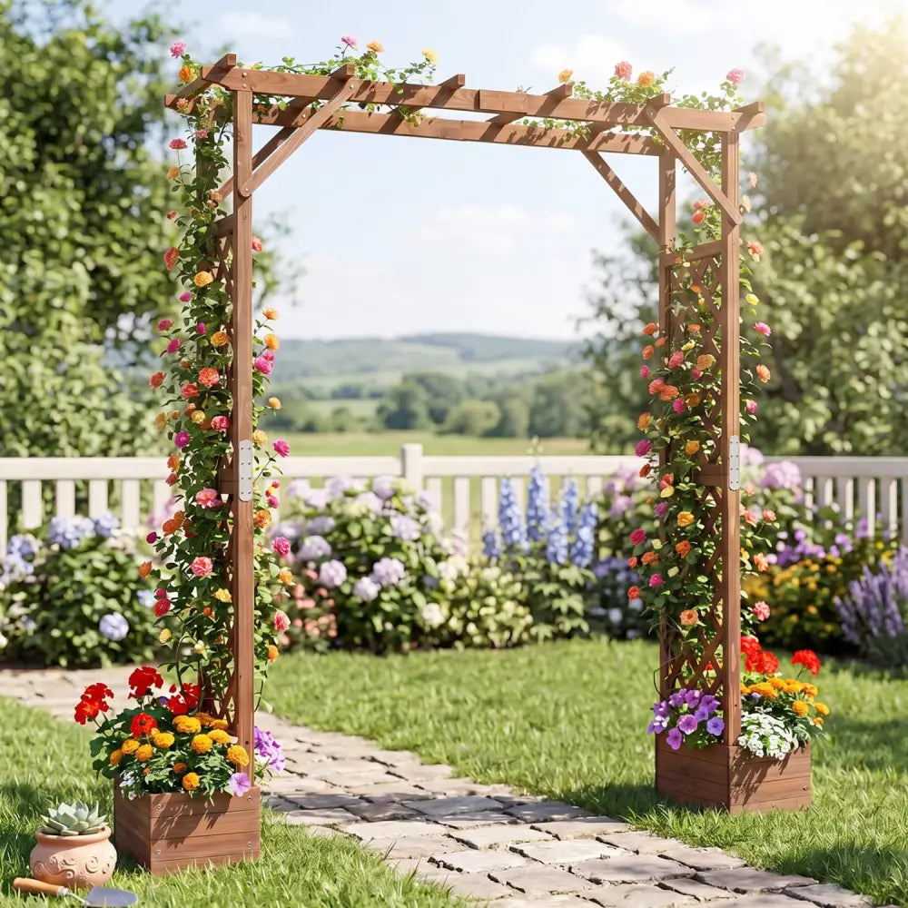 87in Tall Wooden Garden Arbor with Planter Boxes and Hanging Roof for Climbing Plants-Orange - Orange - Garden Arbors