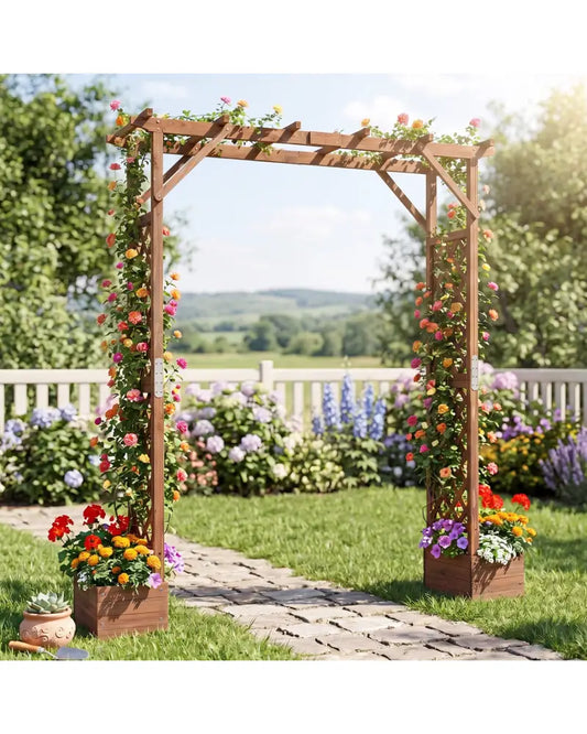 87in Tall Wooden Garden Arbor with Planter Boxes and Hanging Roof for Climbing Plants-Orange - Orange - Garden Arbors