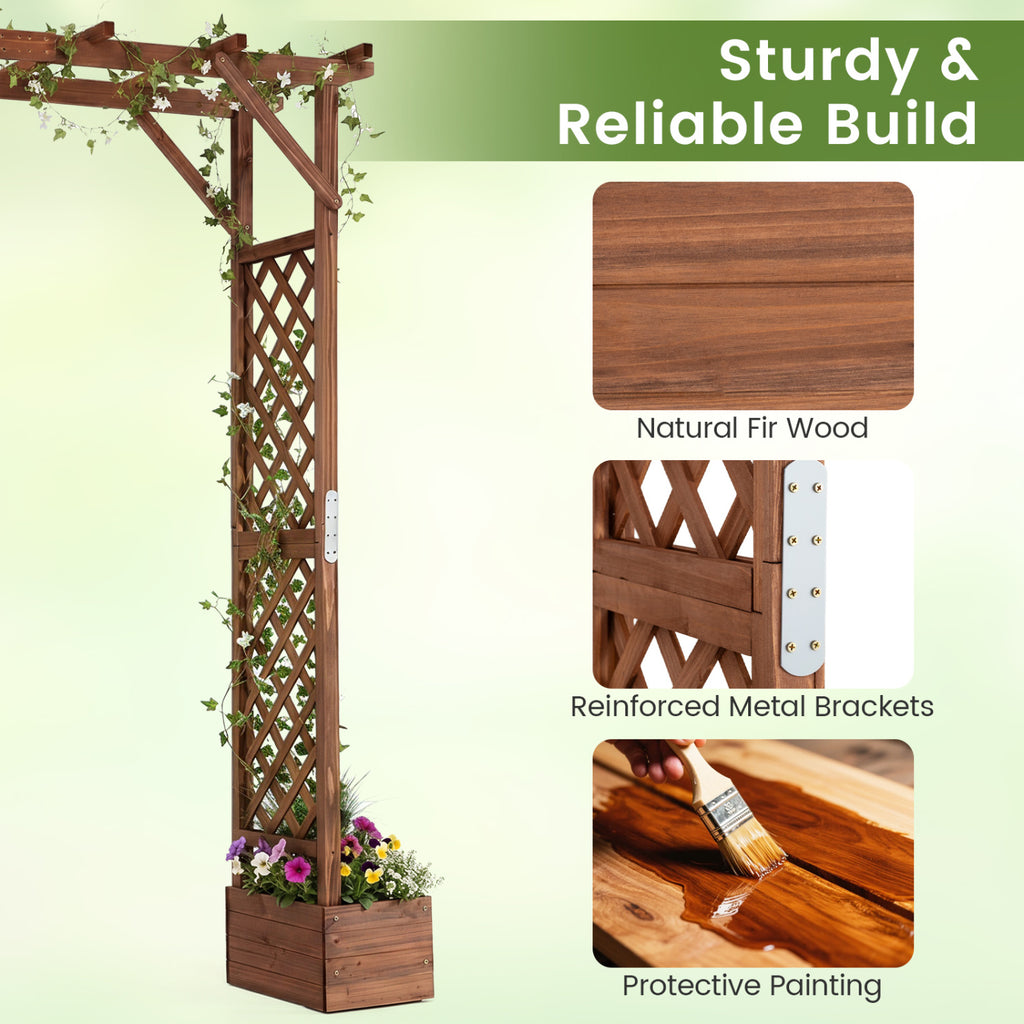 87in Tall Wooden Garden Arbor with Planter Boxes and Hanging Roof for Climbing Plants-Orange