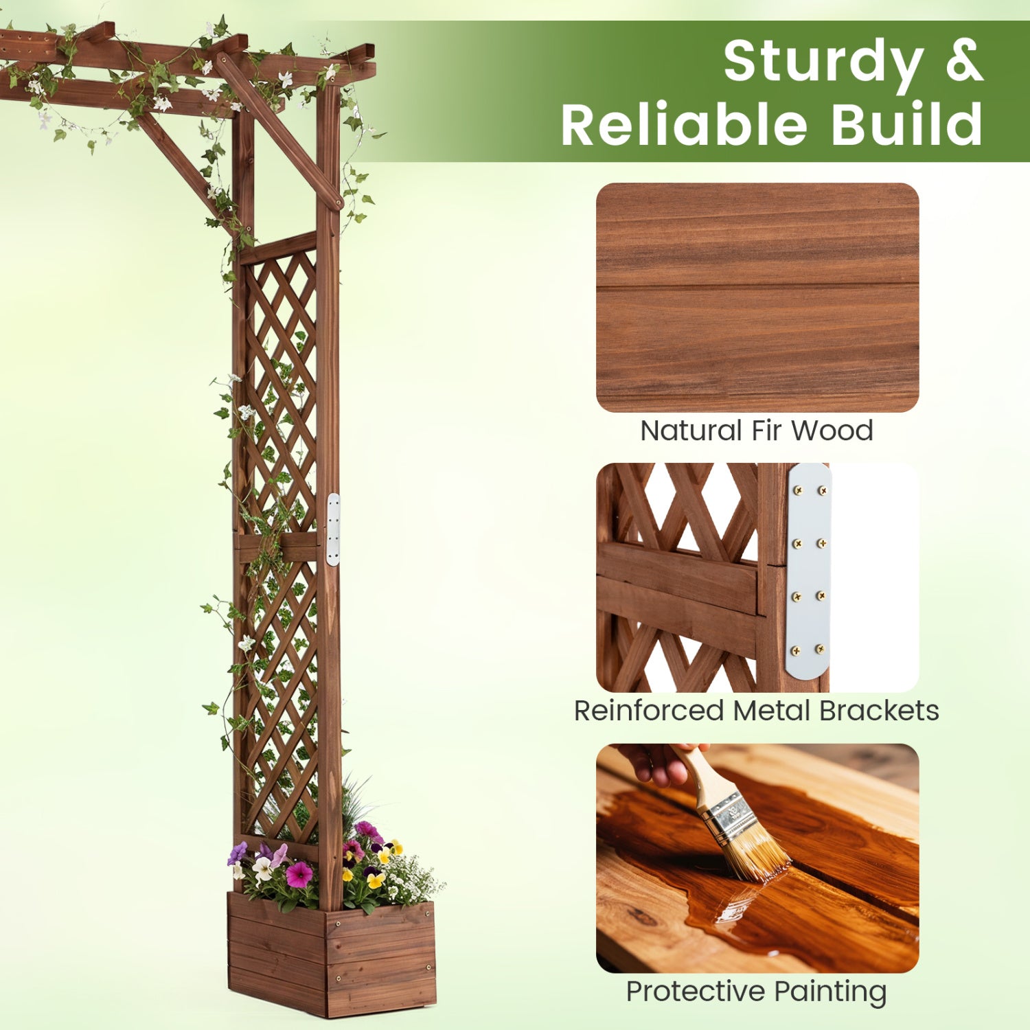 87in Tall Wooden Garden Arbor with Planter Boxes and Hanging Roof for Climbing Plants-Orange