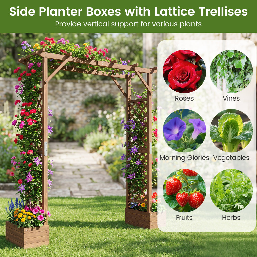 87in Tall Wooden Garden Arbor with Planter Boxes and Hanging Roof for Climbing Plants-Orange
