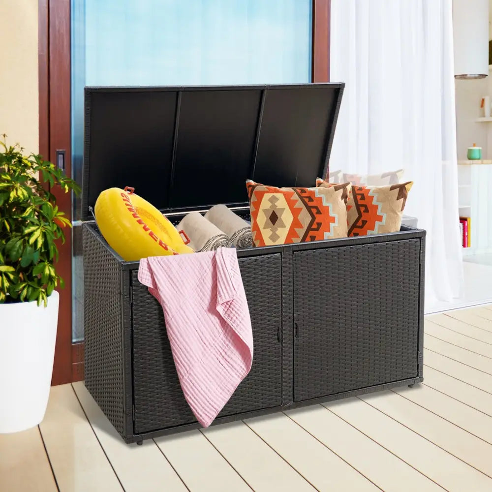 88 Gallon Garden Patio Rattan Storage Container Box-Black - Black - Sheds & Outdoor Storage