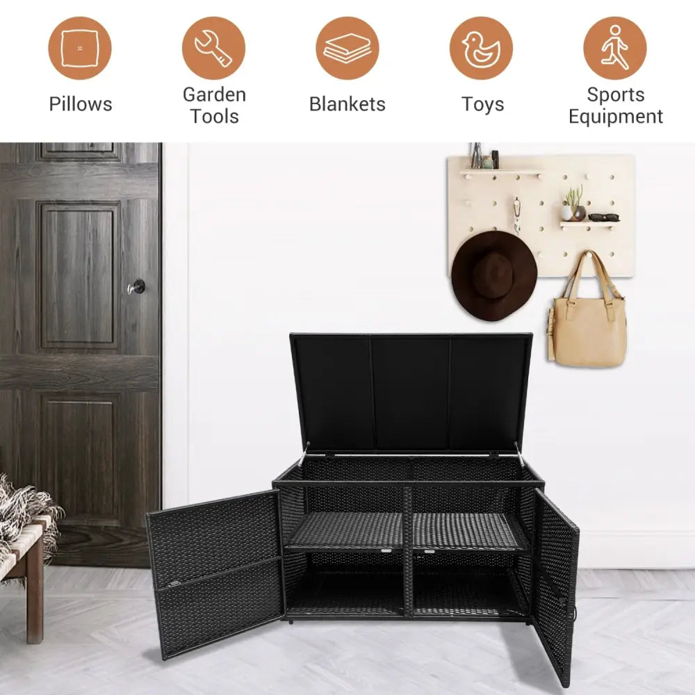 88 Gallon Garden Patio Rattan Storage Container Box-Black - Black - Sheds & Outdoor Storage