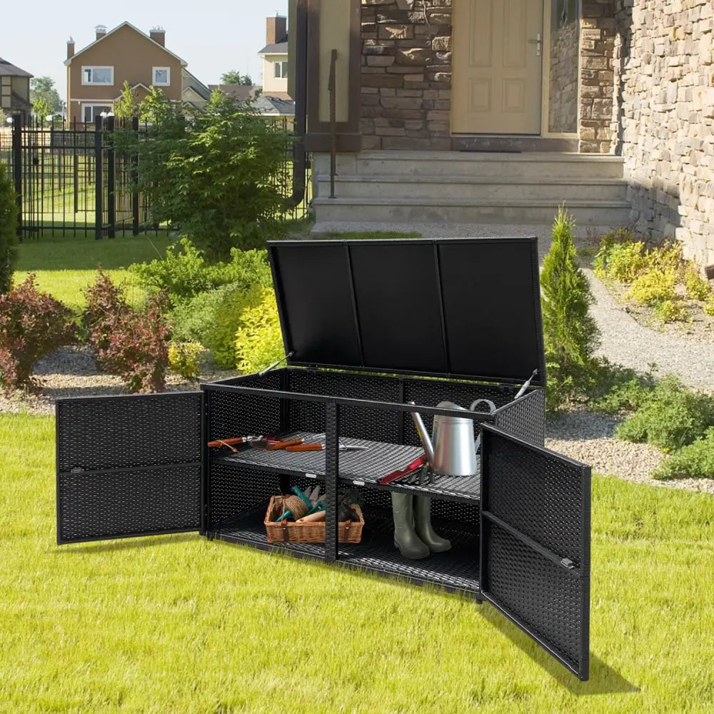 88 Gallon Garden Patio Rattan Storage Container Box-Black - Black - Sheds & Outdoor Storage