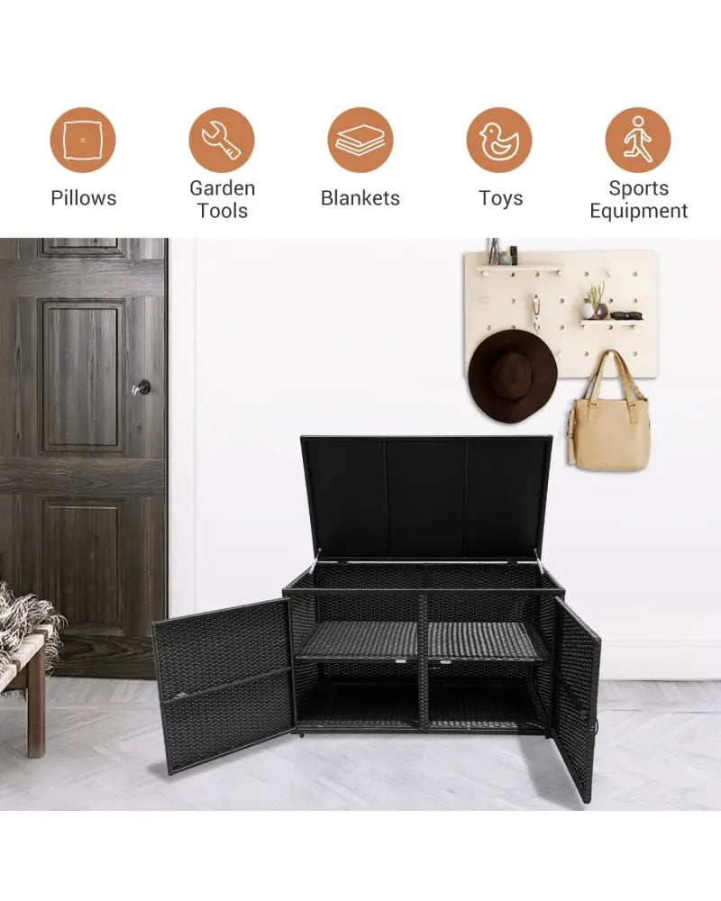 88 Gallon Garden Patio Rattan Storage Container Box-Black - Black - Sheds & Outdoor Storage