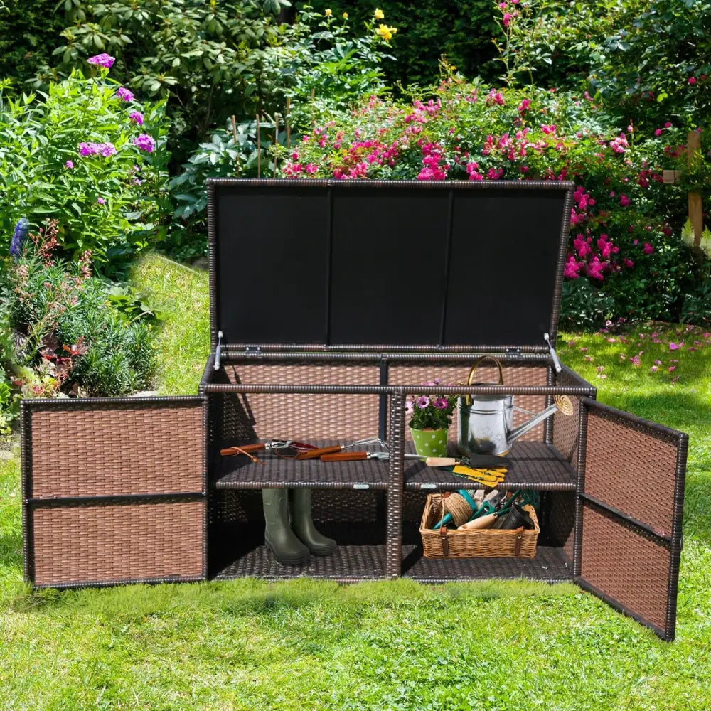 88 Gallon Garden Patio Rattan Storage Container Box-Brown - Brown - Sheds & Outdoor Storage