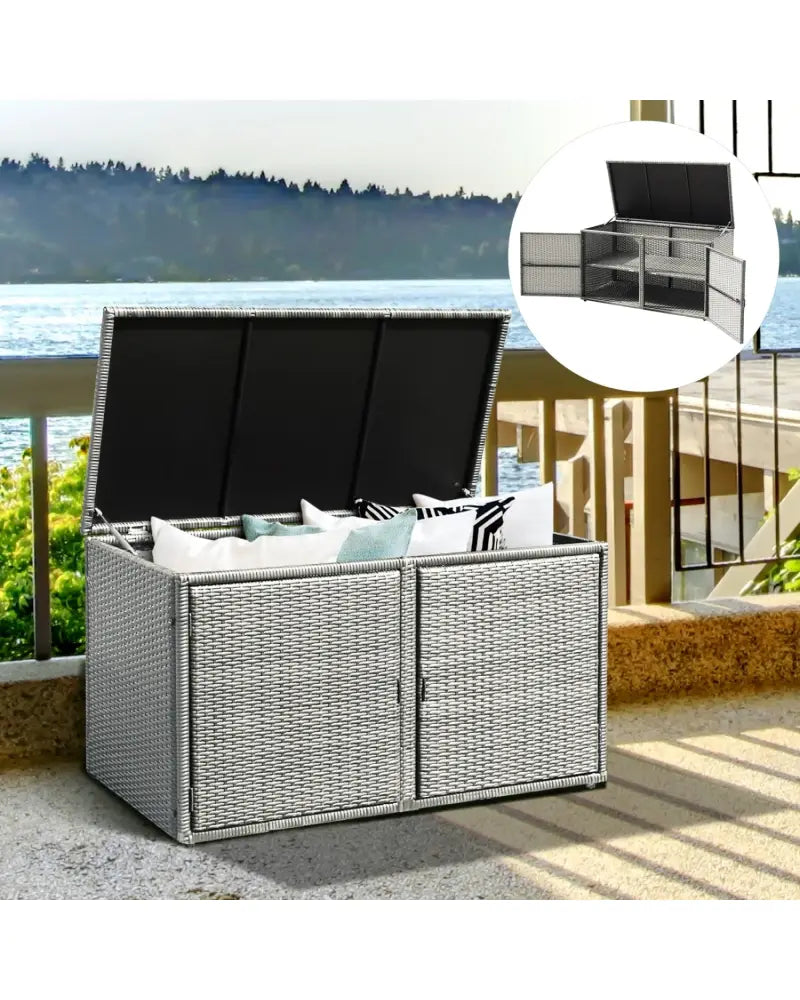 88 Gallon Garden Patio Rattan Storage Container Box-Gray - Gray - Sheds & Outdoor Storage
