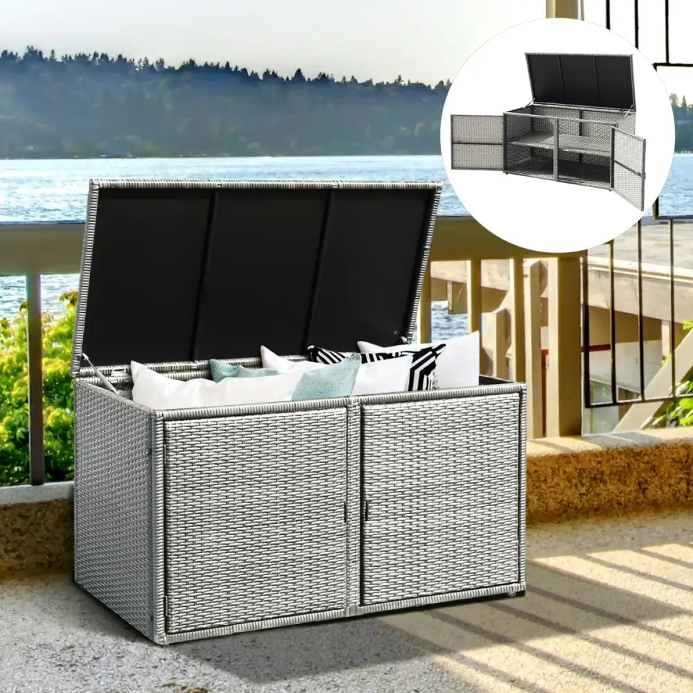 88 Gallon Garden Patio Rattan Storage Container Box-Gray - Gray - Sheds & Outdoor Storage