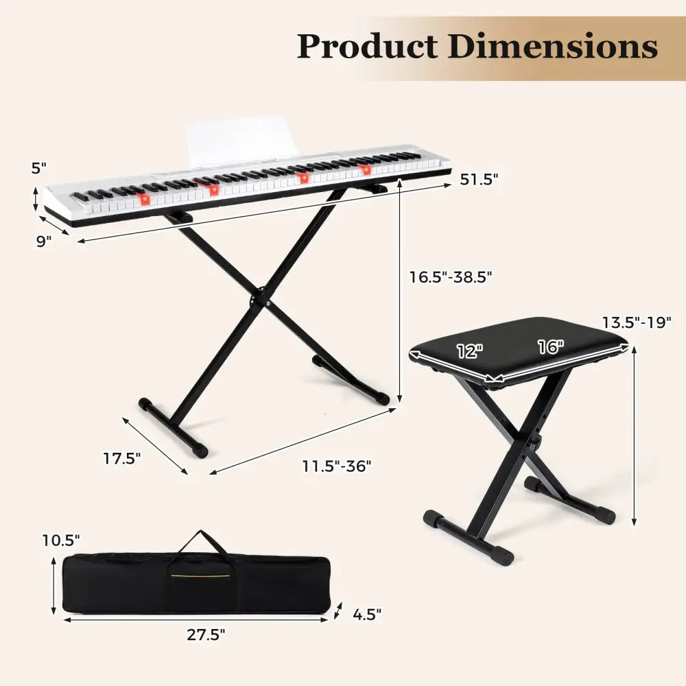 88-Key Electric Piano Keyboard with Adjustable Stand and Portable Bag-White - White - Pianos & Keyboards