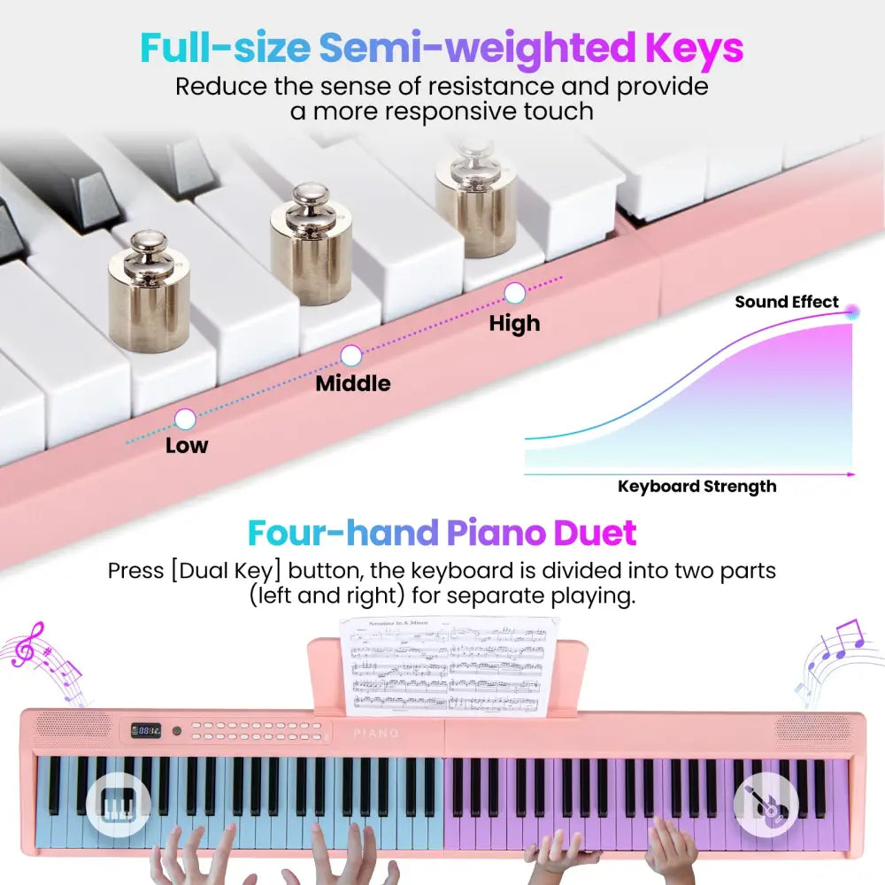 88 Key Foldable Electric Keyboard Piano with Wireless MIDI and Dual Speakers-Pink - Pink - Pianos & Keyboards
