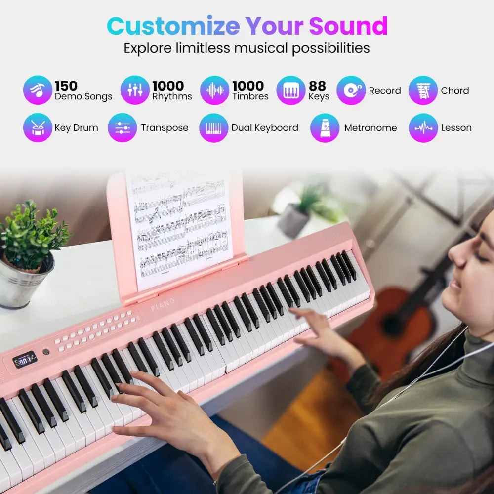 88 Key Foldable Electric Keyboard Piano with Wireless MIDI and Dual Speakers-Pink - Pink - Pianos & Keyboards
