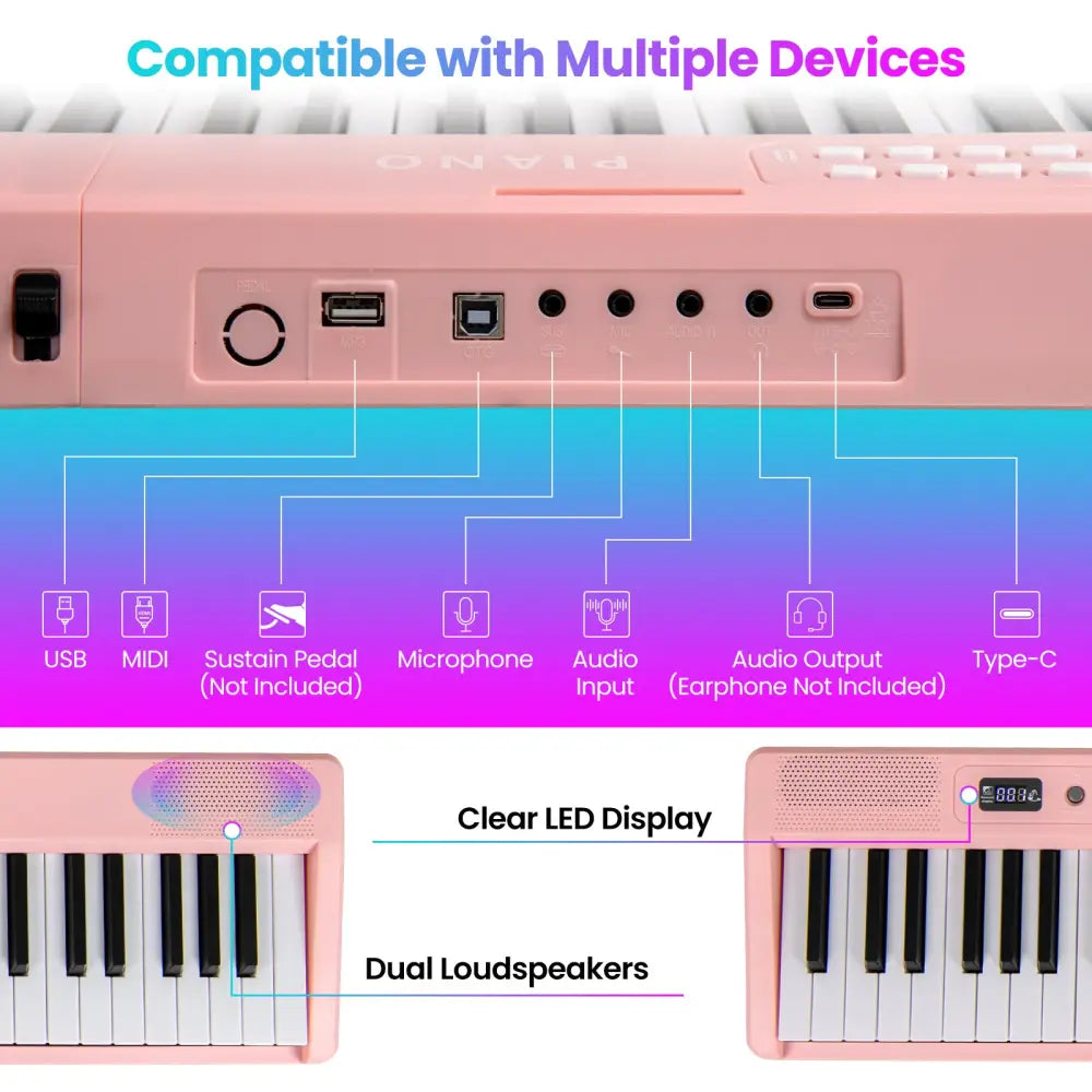 88 Key Foldable Electric Keyboard Piano with Wireless MIDI and Dual Speakers-Pink - Pink - Pianos & Keyboards