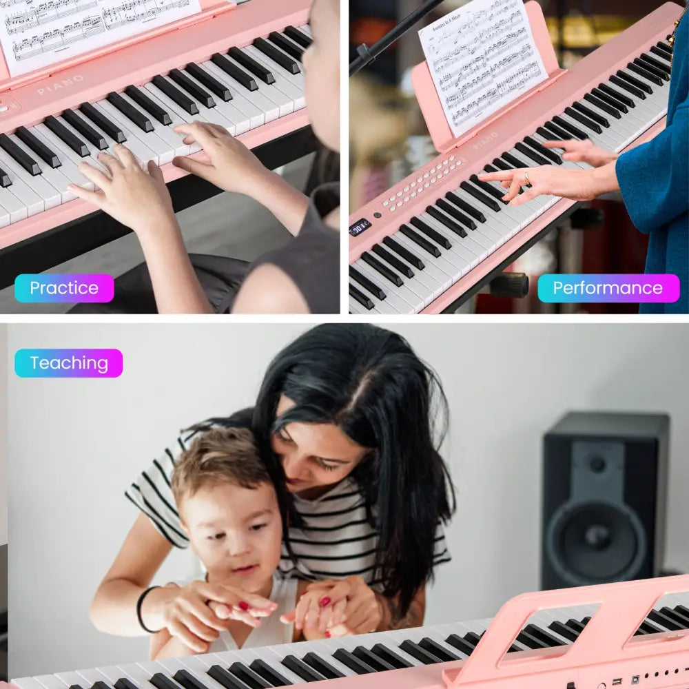 88 Key Foldable Electric Keyboard Piano with Wireless MIDI and Dual Speakers-Pink - Pink - Pianos & Keyboards
