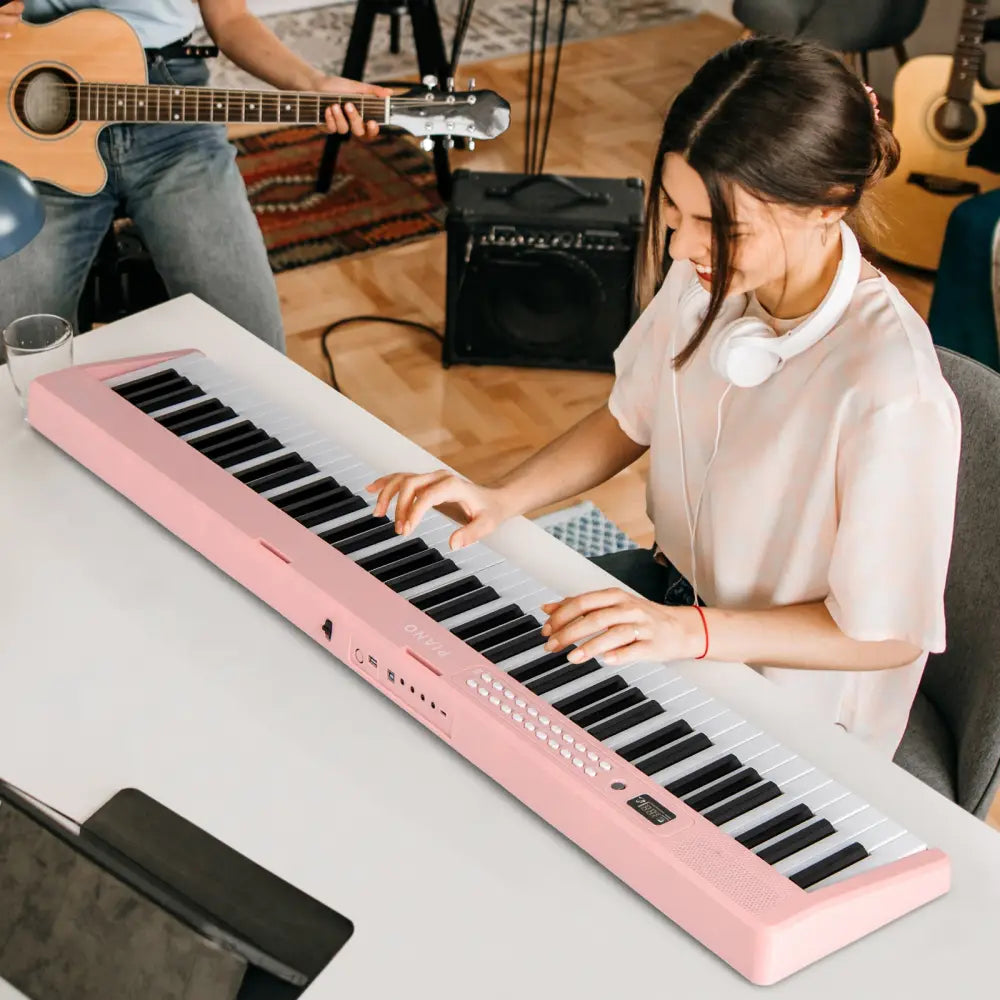 88 Key Foldable Electric Keyboard Piano with Wireless MIDI and Dual Speakers-Pink - Pink - Pianos & Keyboards