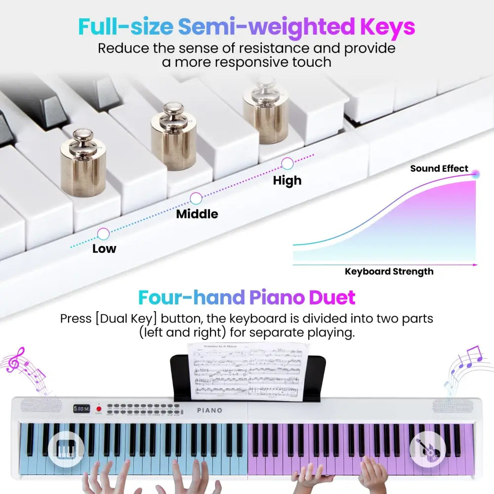 88 Key Foldable Electric Keyboard Piano with Wireless MIDI and Dual Speakers-White - White - Pianos & Keyboards