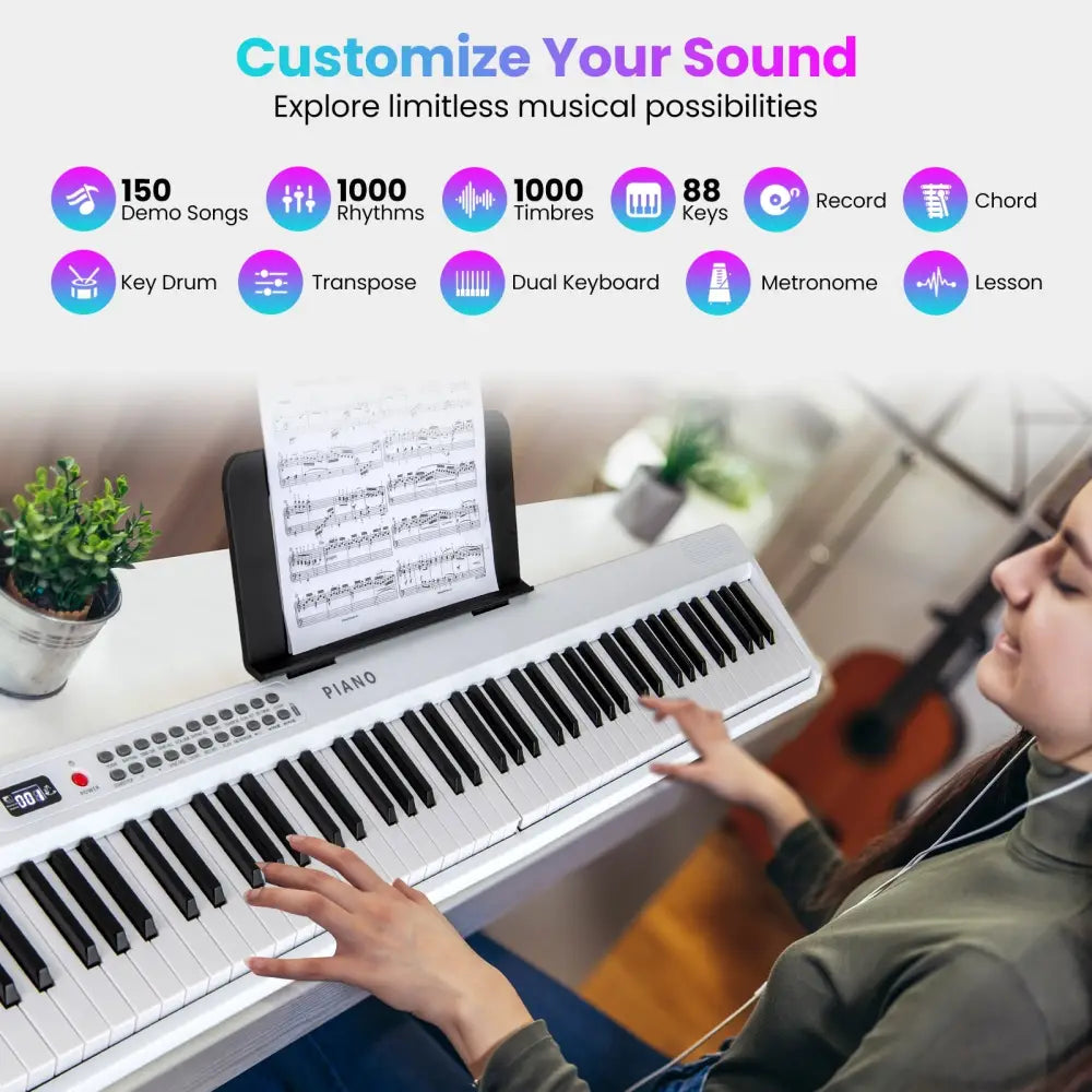 88 Key Foldable Electric Keyboard Piano with Wireless MIDI and Dual Speakers-White - White - Pianos & Keyboards