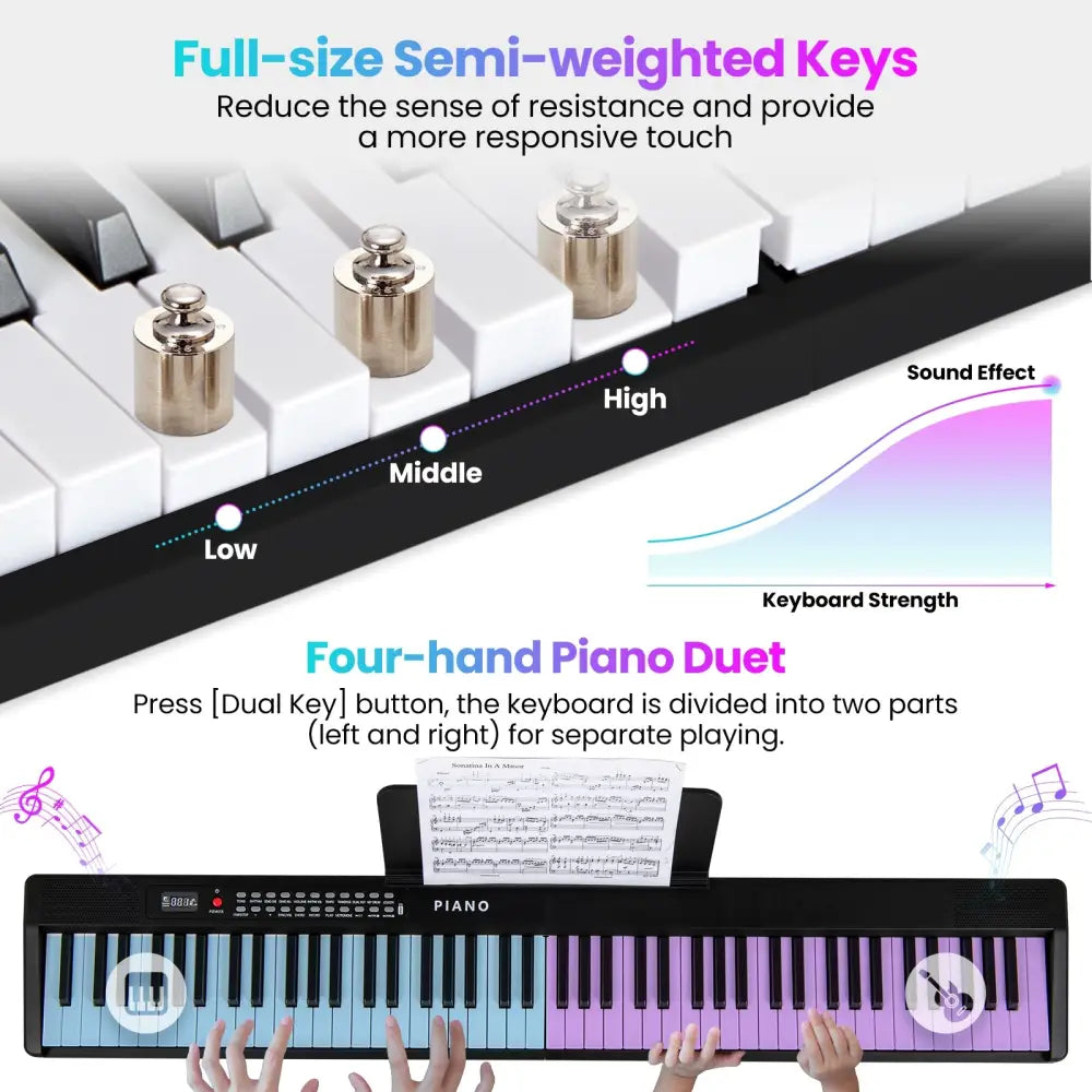 88 Key Foldable Electric Keyboard Piano with Wireless MIDI and Dual Speakers-Black - Black - Pianos & Keyboards
