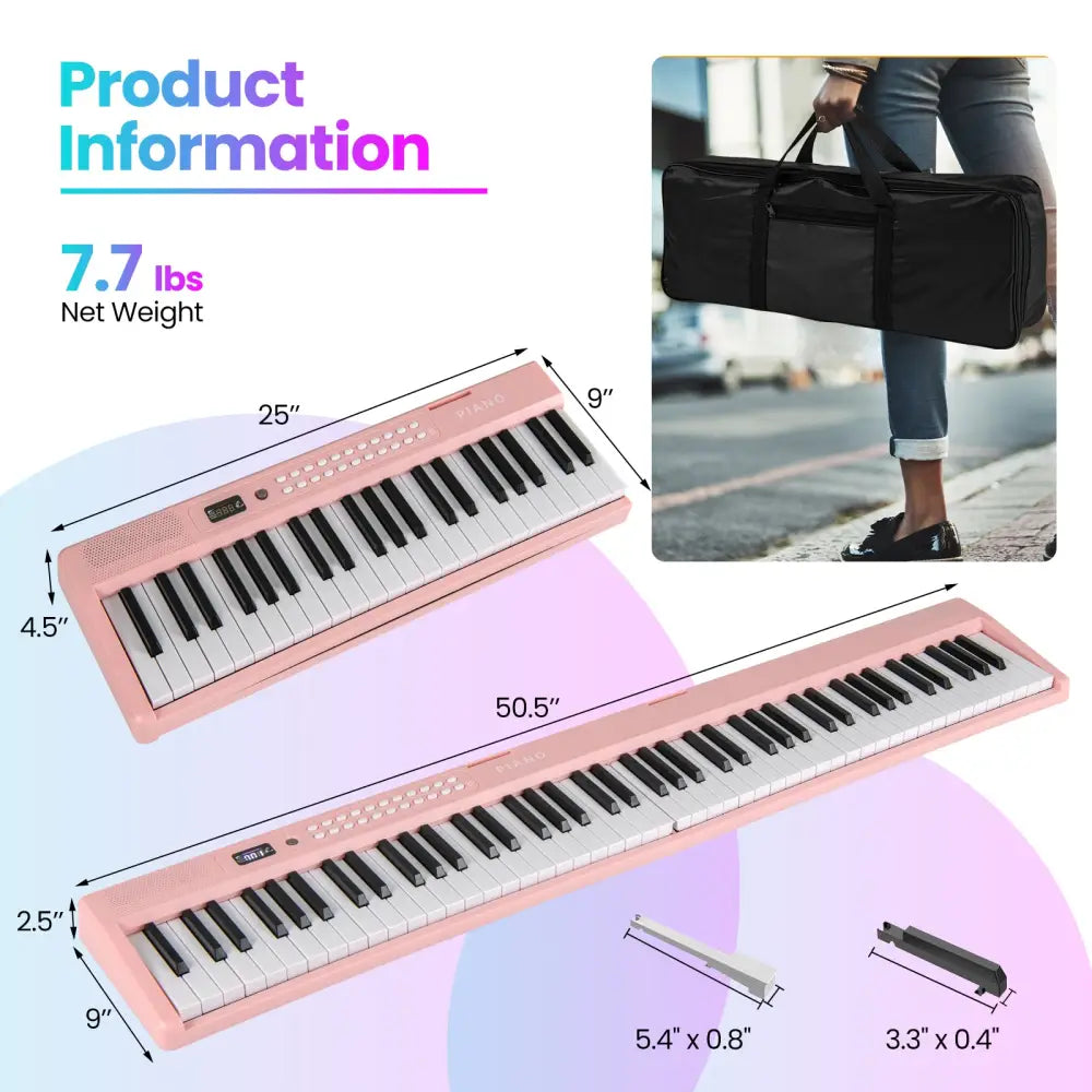88 Key Foldable Electric Keyboard Piano with Wireless MIDI and Dual Speakers-Pink - Pink - Pianos & Keyboards