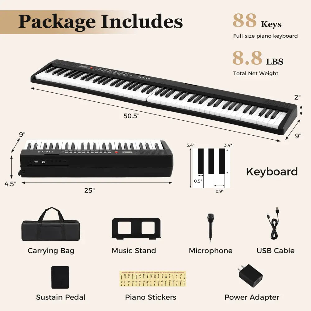 88 Key Foldable Piano Keyboard Portable Semi Weighted Electric Piano-Black - Black - Pianos & Keyboards