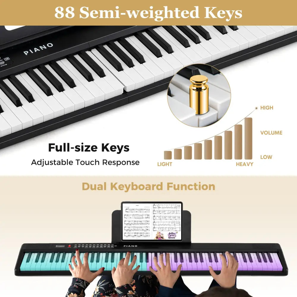 88 Key Foldable Piano Keyboard Portable Semi Weighted Electric Piano-Black - Black - Pianos & Keyboards
