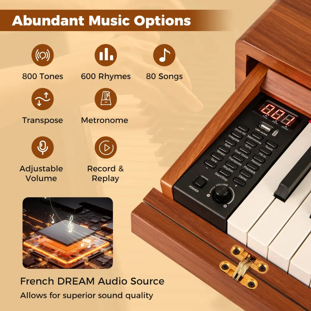88-Key Graded Hammer Action Weighted Keyboard with Push-pull Drawer-Brown - Brown - Pianos & Keyboards