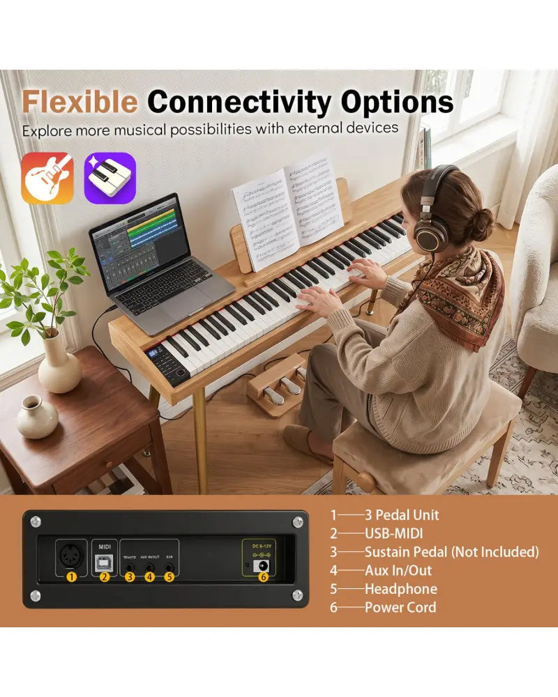 88-Key Semi-Weighted Digital Piano with 3 Pedal Unit and 80 Demos-Natural - Natural - Pianos & Keyboards