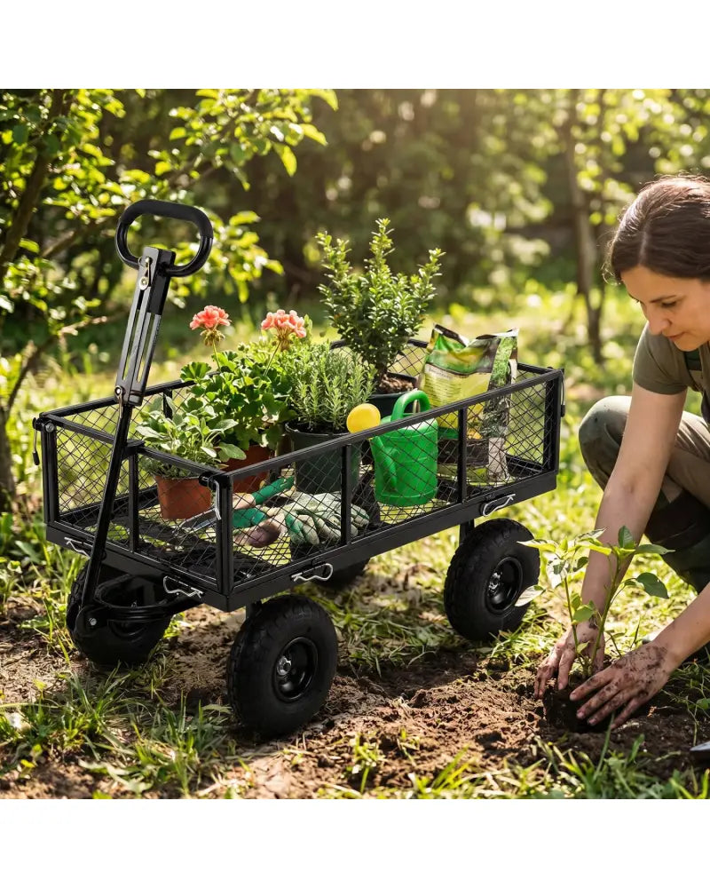880 lbs Utility Wagon Flatbed with Removable Oxford Cloth Liner-Black - Black - Garden Carts