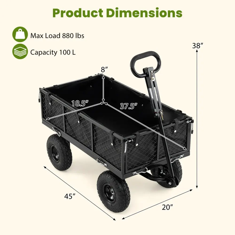 880 lbs Utility Wagon Flatbed with Removable Oxford Cloth Liner-Black - Black - Garden Carts