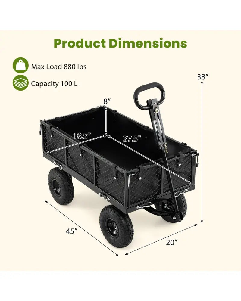 880 lbs Utility Wagon Flatbed with Removable Oxford Cloth Liner-Black - Black - Garden Carts