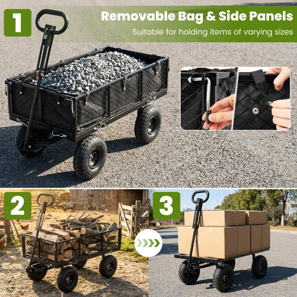 880 lbs Utility Wagon Flatbed with Removable Oxford Cloth Liner-Black - Black - Garden Carts