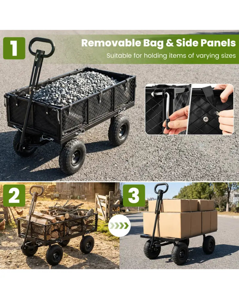 880 lbs Utility Wagon Flatbed with Removable Oxford Cloth Liner-Black - Black - Garden Carts