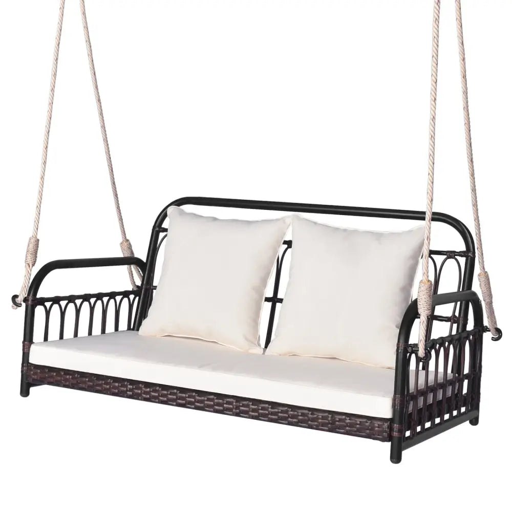 880LBS Wicker Hanging Porch Swing with Cushions-White - White - Porch Swings