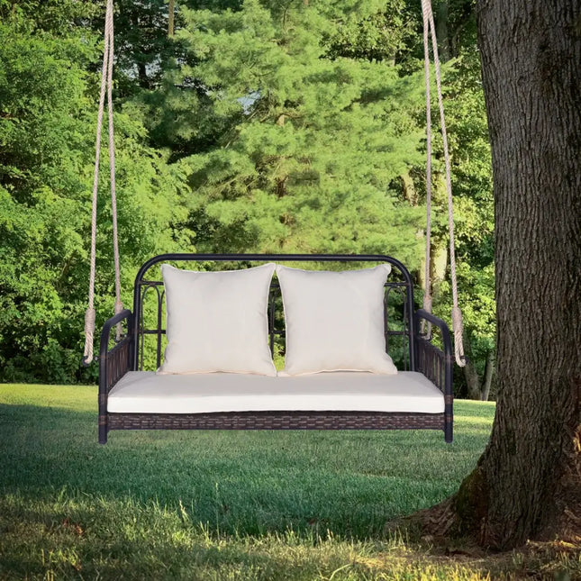 880LBS Wicker Hanging Porch Swing with Cushions-White - White - Porch Swings