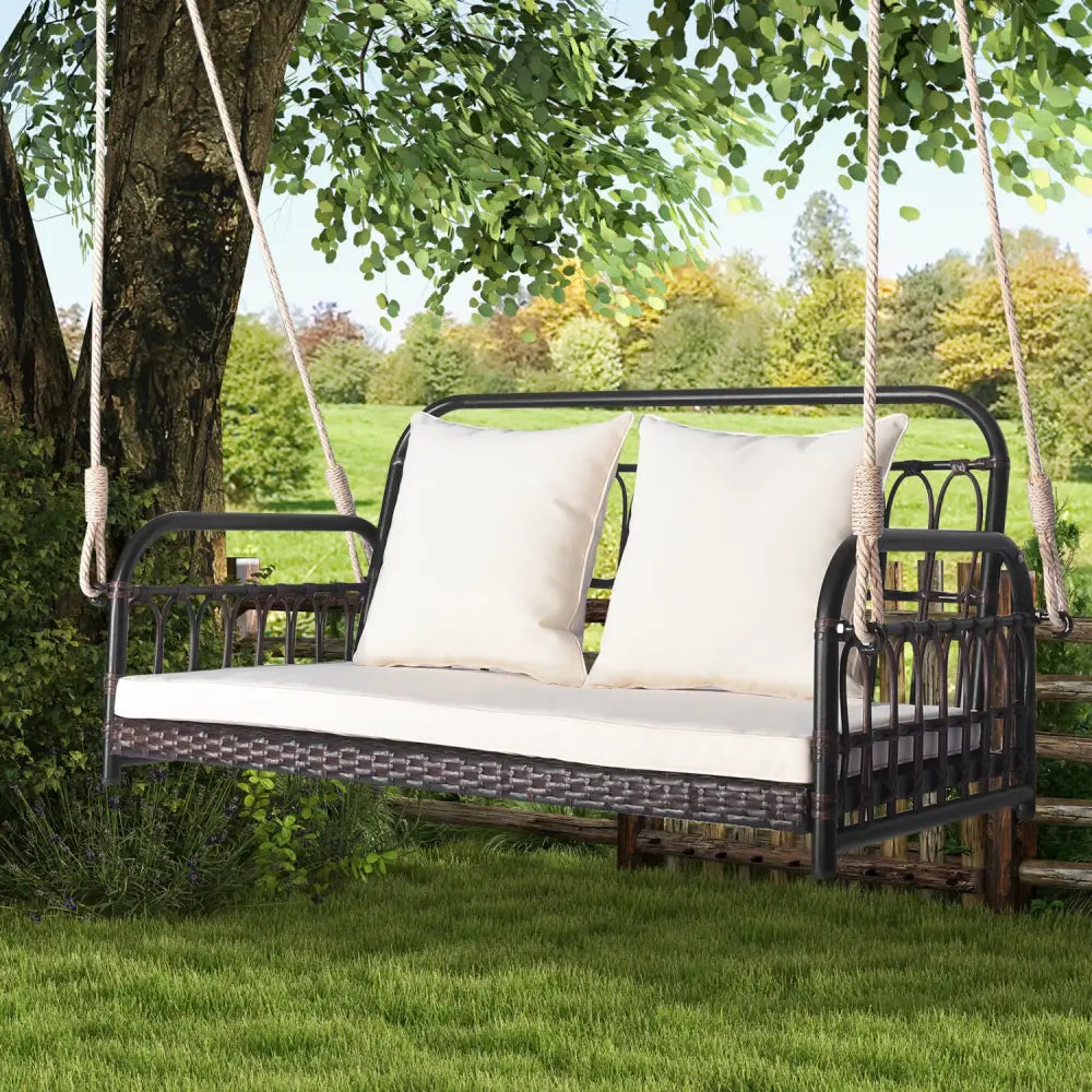 880LBS Wicker Hanging Porch Swing with Cushions-White - White - Porch Swings