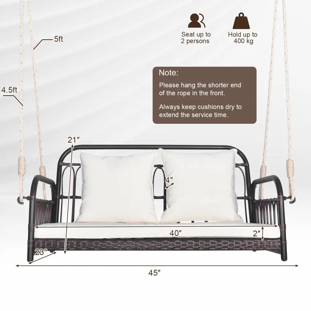 880LBS Wicker Hanging Porch Swing with Cushions-White - White - Porch Swings