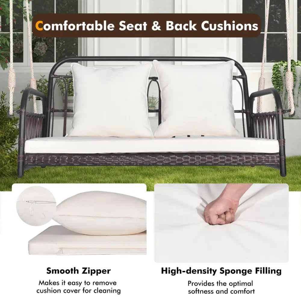 880LBS Wicker Hanging Porch Swing with Cushions-White - White - Porch Swings